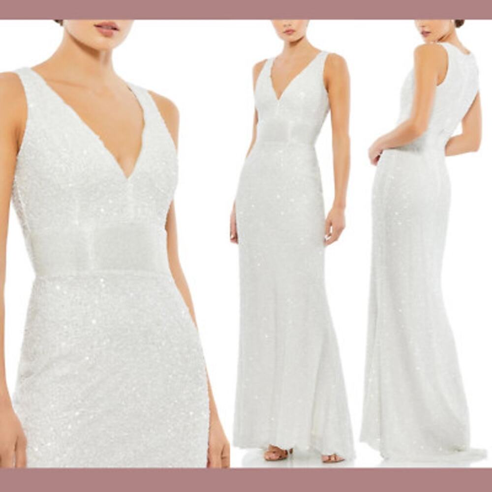 Mac Duggal White Sequined Sleeveless V-Neck Formal Column Evening Gown 6